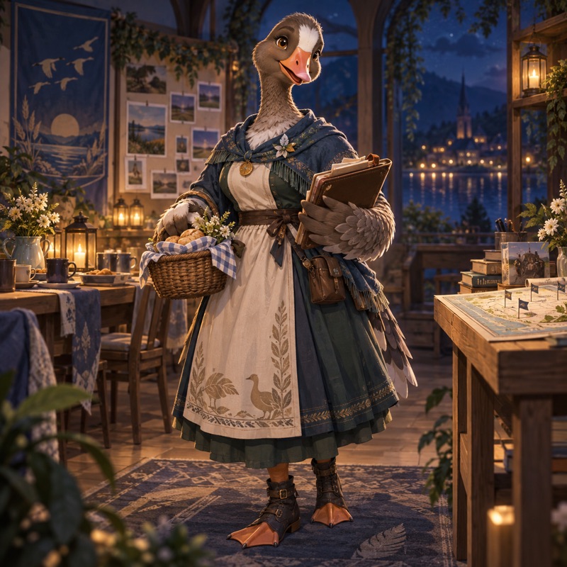쇠기러기 모티프의 사교적인 보호자 캐릭터(매체 인물 영감)